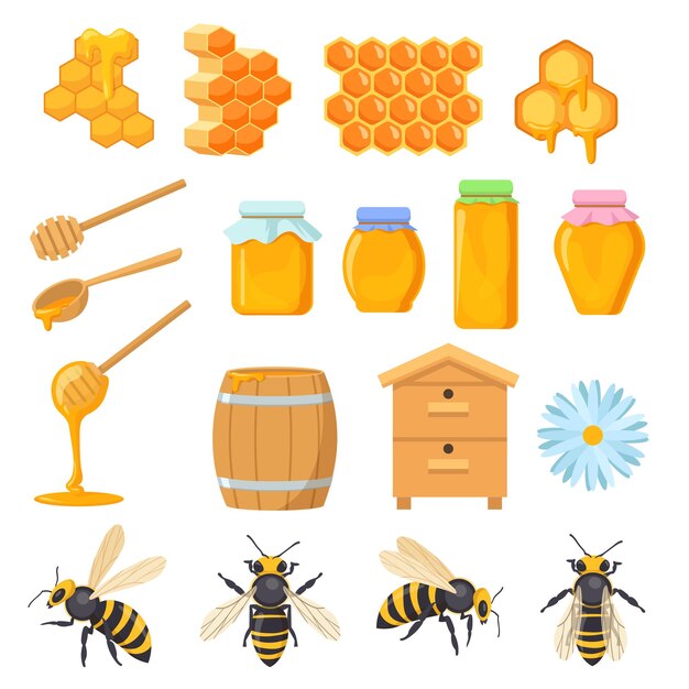 Colorful set of honey symbols. Cartoon illustration