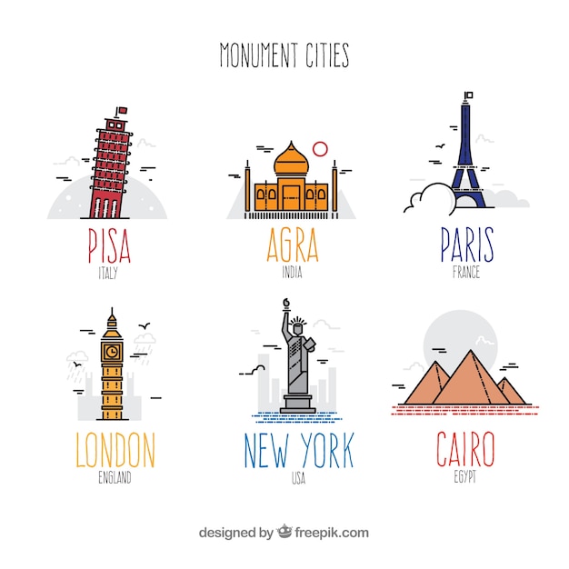 Free vector colorful set of monument cities