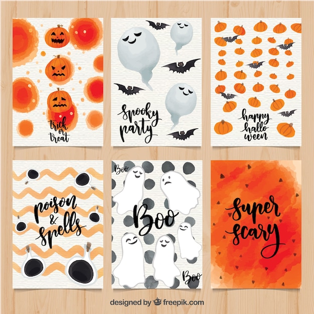 Free Vector colorful set of watercolor halloween cards