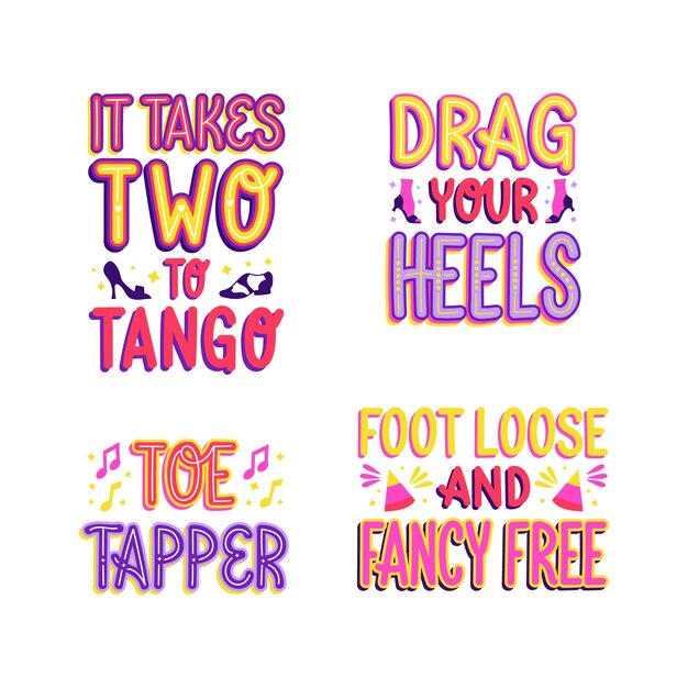 Colorful sing and dance lettering stickers set