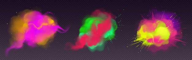 Free Vector colorful smoke flow and paint powder explosion realistic set isolated.