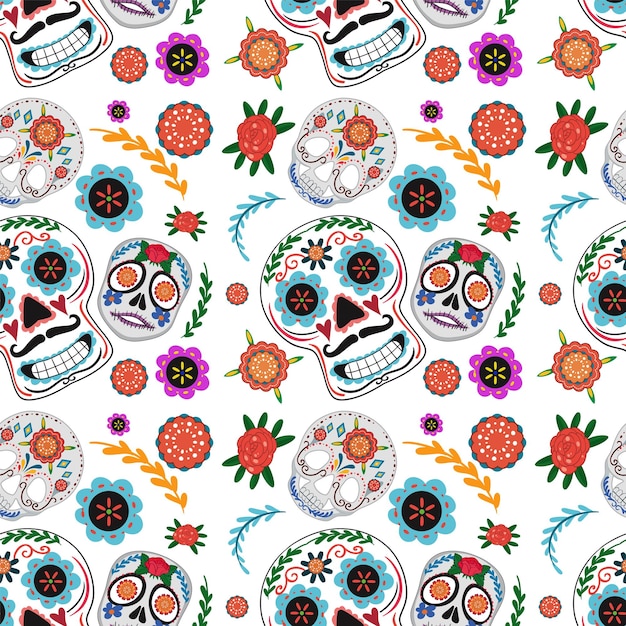 Free Vector colorful sugar skulls and flowers