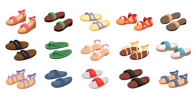 Colorful summer sandals cartoon illustration set. Pairs of male and female flip-flops, beach slippers for vacation or holiday on white background. Footwear, fashion, recreation, shoes concept