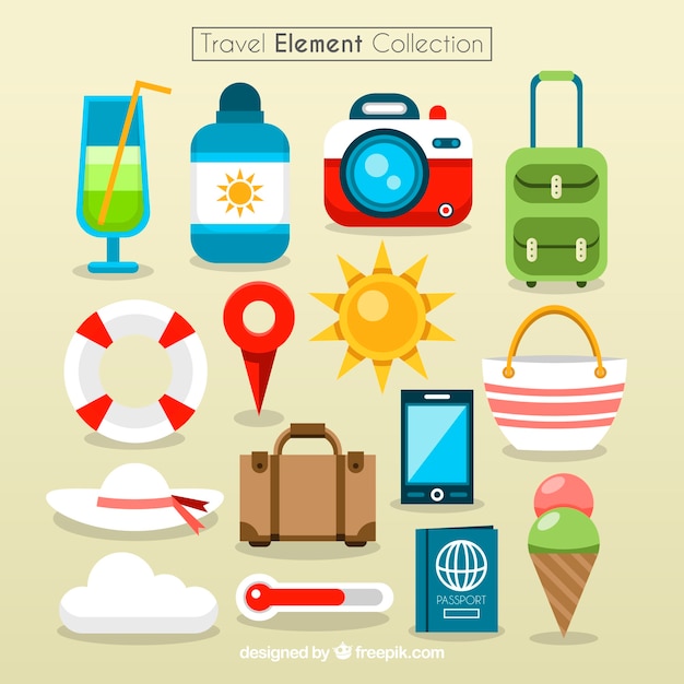 Colorful travel elements collection