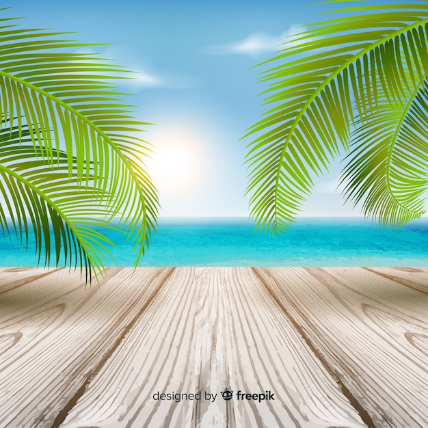 Free vector colorful tropical background with leaves and wooden floor