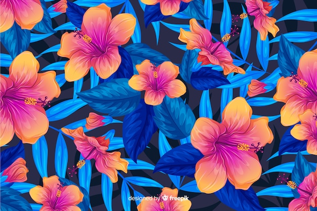 Colorful tropical flowers and leaves background