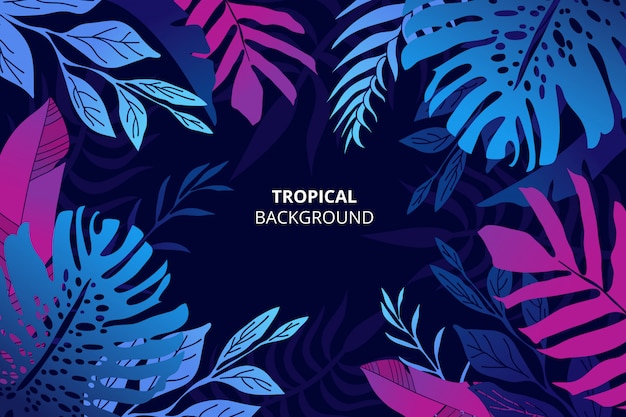 Colorful tropical nature background with hand drawn palm leaves 