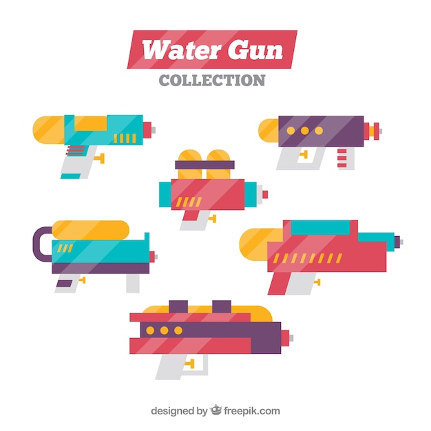 Colorful water guns collection in flat style