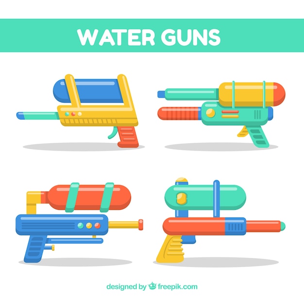 Colorful water guns collection in flat style