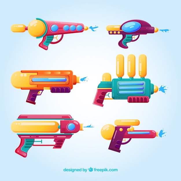 Colorful water guns collection in flat style