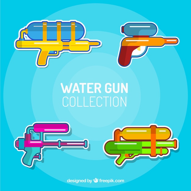 Colorful water guns collection in flat style