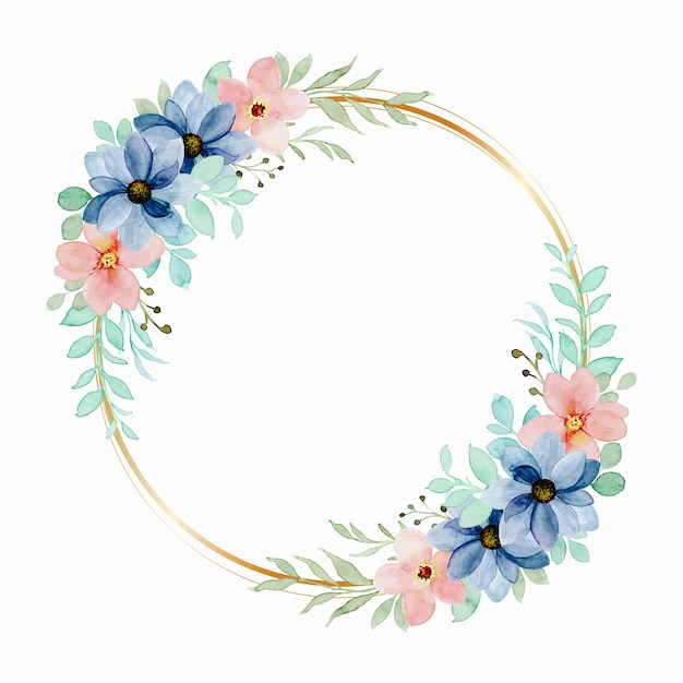 Free Vector colorful watercolor floral wreath with golden circle