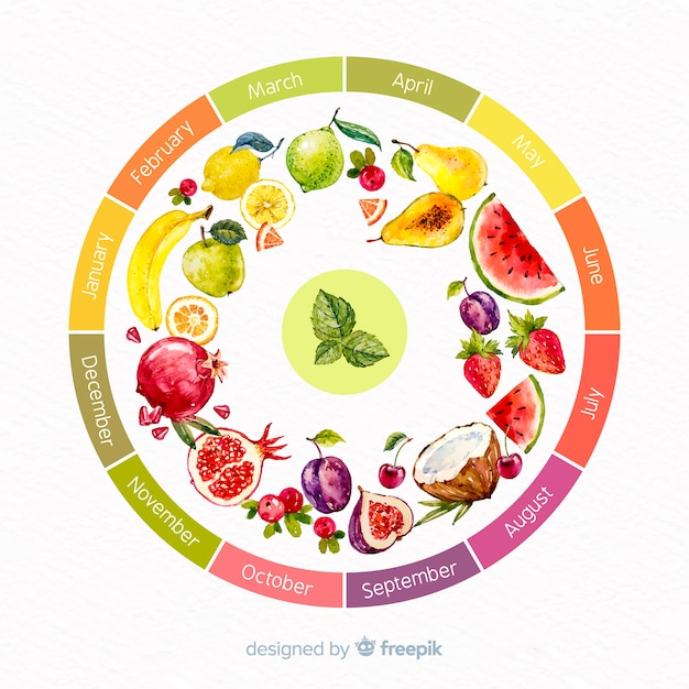 Free Vector colorful watercolor wheel of seasonal vegetables and fruits