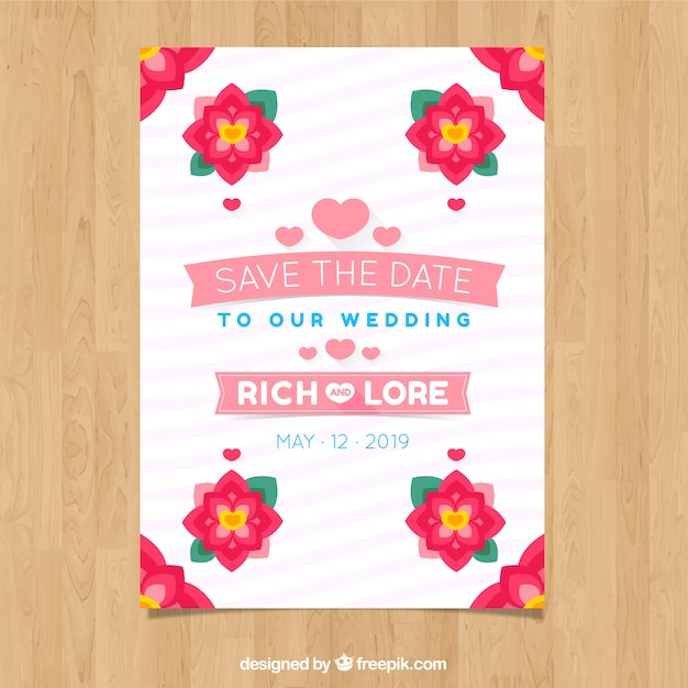 Colorful wedding card with flat flowers