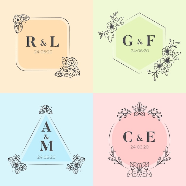 Colorful wedding monograms illustration pack