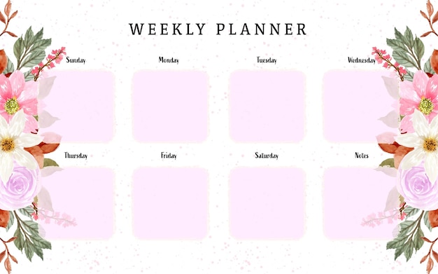 Colorful Weekly Planner with Spring Watercolor Floral Background