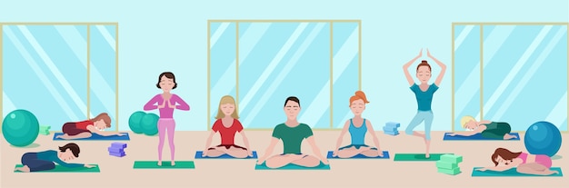 Free Vector colorful yoga class flat banner with people on mats in different poses in gym