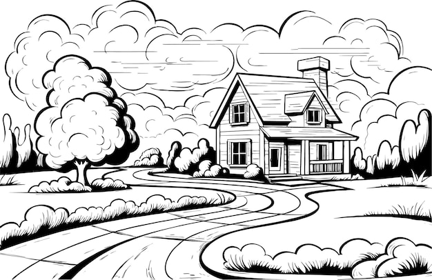 Free vector coloring books rural house view