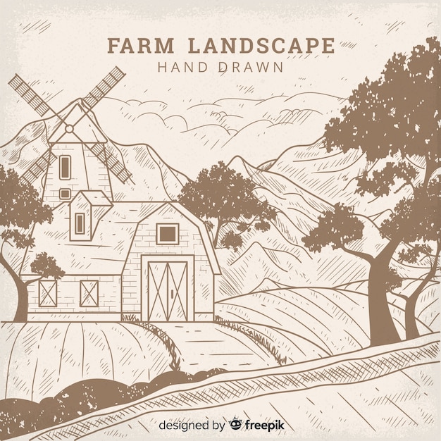 Free Vector colorless hand drawn farm landscape background