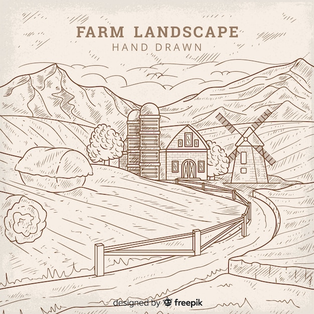 Colorless hand drawn farm landscape background