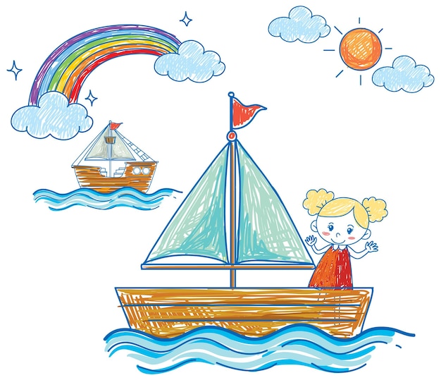 Free Vector coloured hand drawn ship and girl