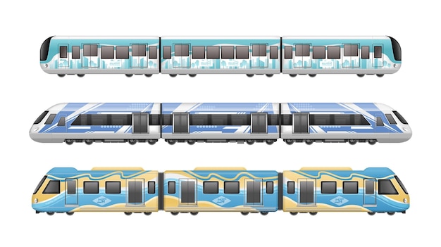 Free Vector coloured passenger subway suburban train realistic mockup set isolated on white background vector illustration