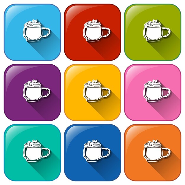 Colourful buttons with mugs of frozen coffee