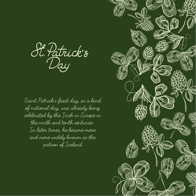 Colourful decorative design sketch greeting card hand drawn with lettering about st. patricks day on the right with hop twigs, clover and berries vector illustration