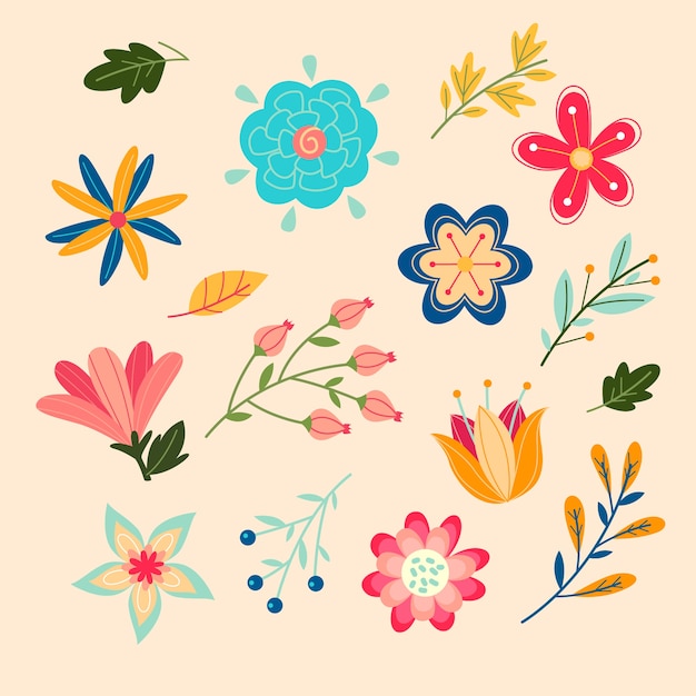 Free Vector colourful flowers and leaves isolated on pink background flat design