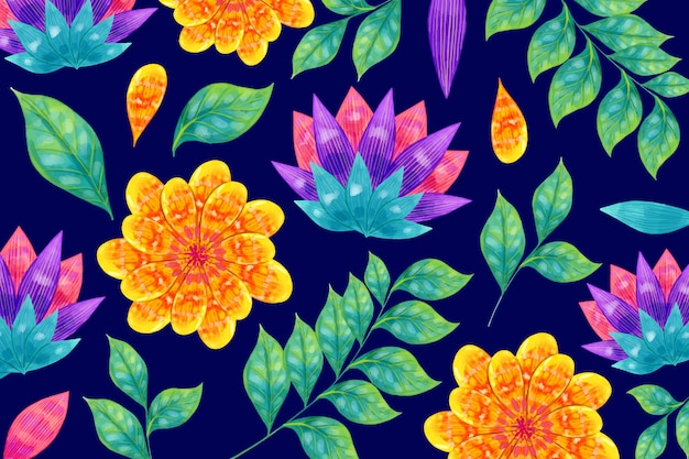 Free Vector colourful flowers and tropic leaves