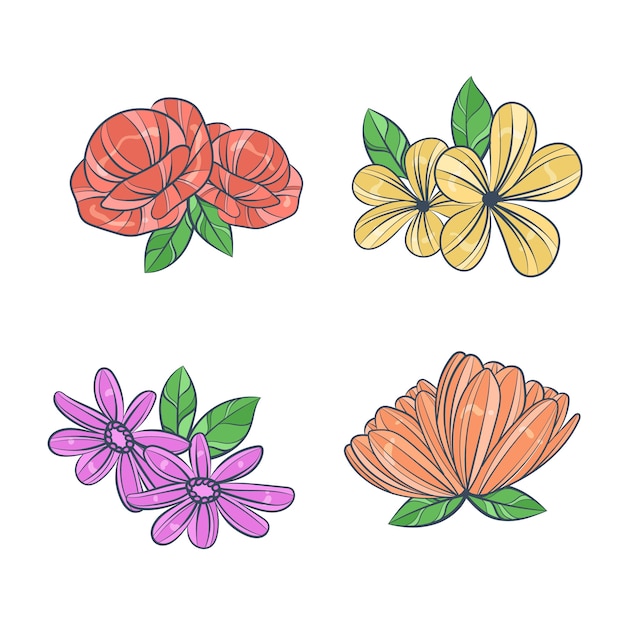 Colourful hand drawn flowers collection