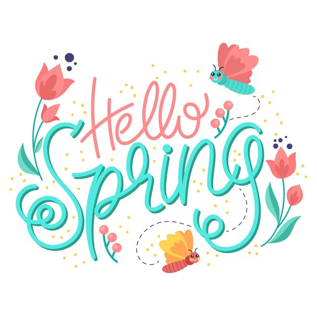 Colourful hello spring lettering with drawn flowers