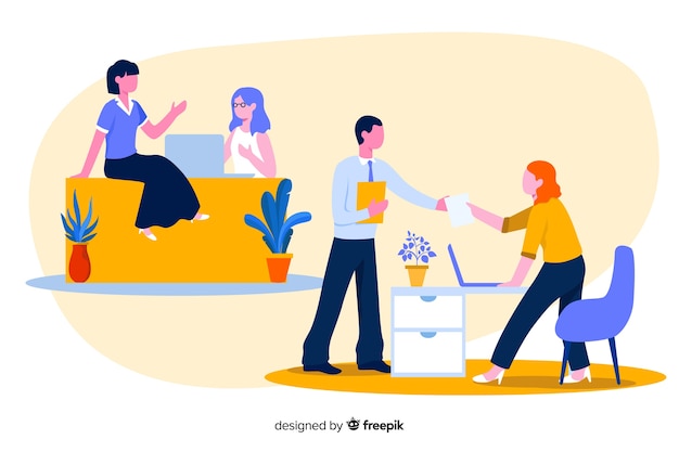 Colourful illustration of office workers sitting at desks