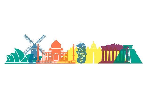 Colourful landmarks skyline worldwide