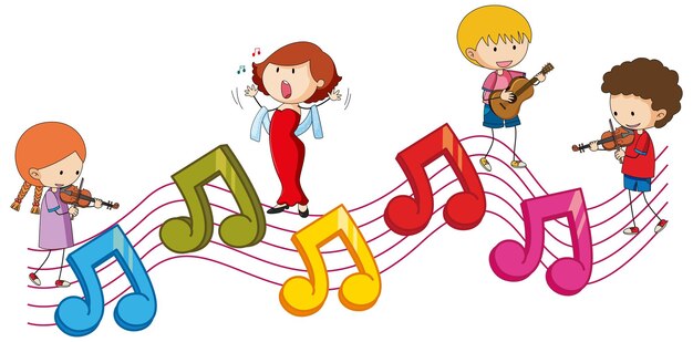 Colourful musical melody symbols with many doodle kids cartoon character