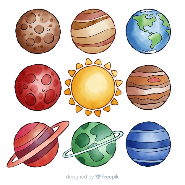 Colourful watercolor planet collection