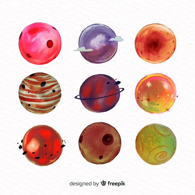 Colourful watercolor planets collection