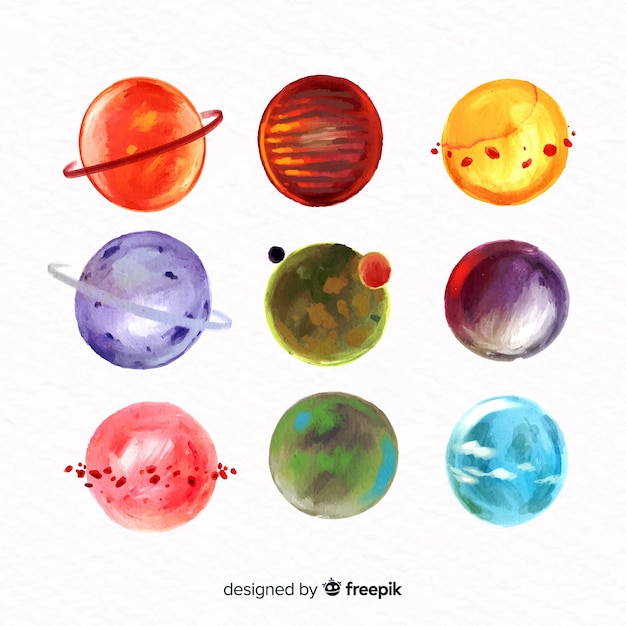 Colourful watercolor planets collection