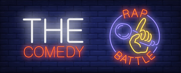 Comedy rap battle neon sign. Hand with microphone in circle on brick wall.