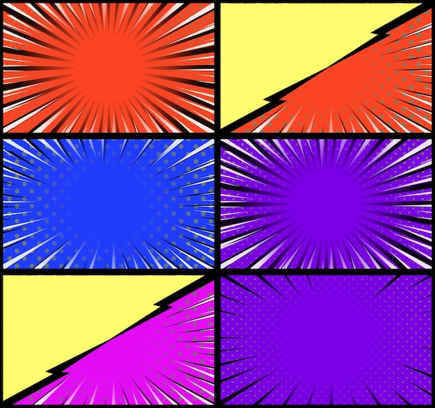 Free Vector comic book colorful frames background with halftone rays radial and dotted effects pop art style