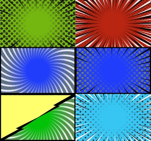 Free Vector comic book colorful frames background with halftone rays radial and dotted effects pop art style