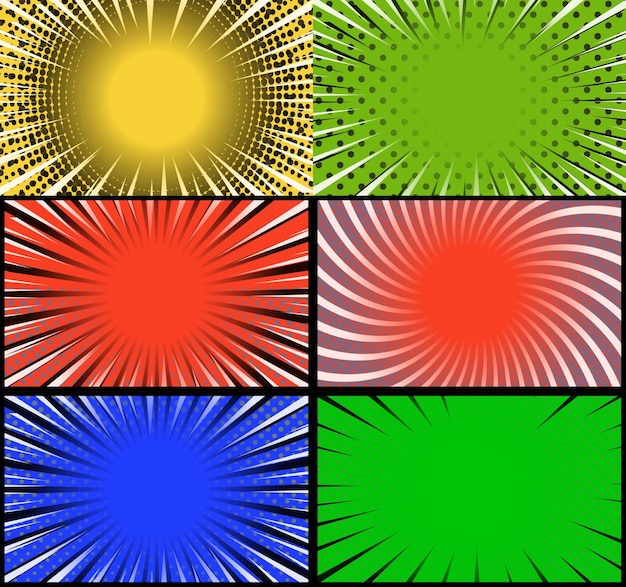 Free Vector comic book colorful frames background with halftone rays radial and dotted effects pop art style