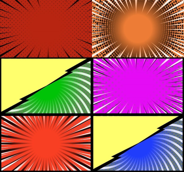 Free Vector comic book colorful frames background with halftone rays radial and dotted effects pop art style