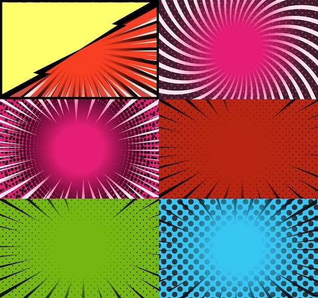 Free Vector comic book colorful frames background with rays radial halftone and dotted effects pop art style