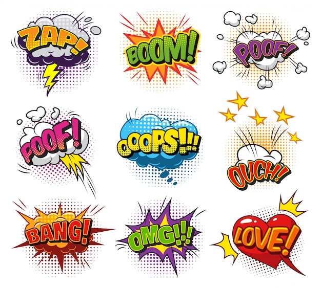 Free vector comic bright speech bubbles set with colorful wordings clouds and halftone humor effects