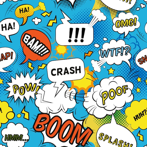 Comic bubbles pattern with emotional words and sounds flat seamless 