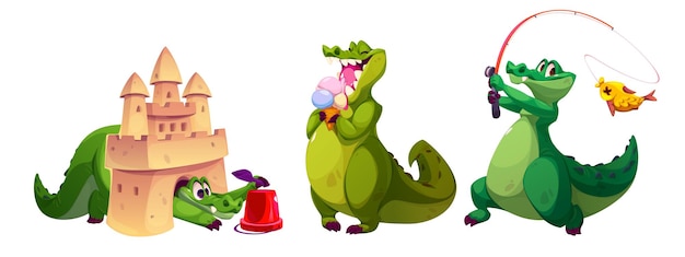 Comic crocodile characters set isolated on white