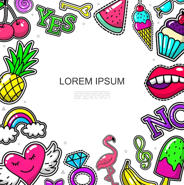 Comic fashion patches concept with fruits cake ice cream treble clef rainbow cherry ring flamingo key mouth heart yes and no words  illustration,