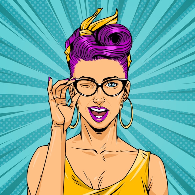 Comic pretty girl with gasses on halftone background