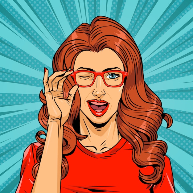 Comic pretty girl with gasses on halftone background